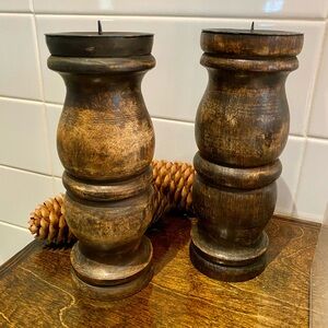 Set of 2 Rustic Brown Wooden Candle Holders